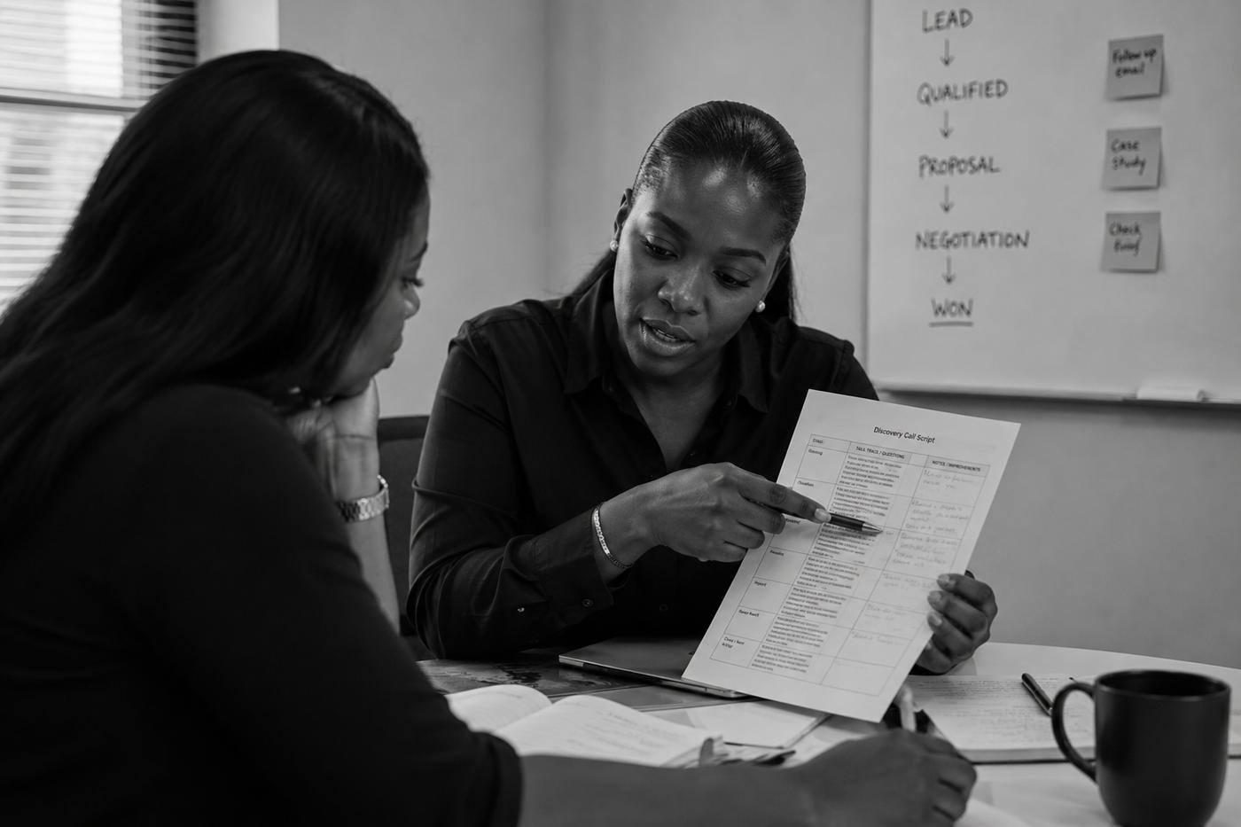 Sales professional reviewing a discovery call script